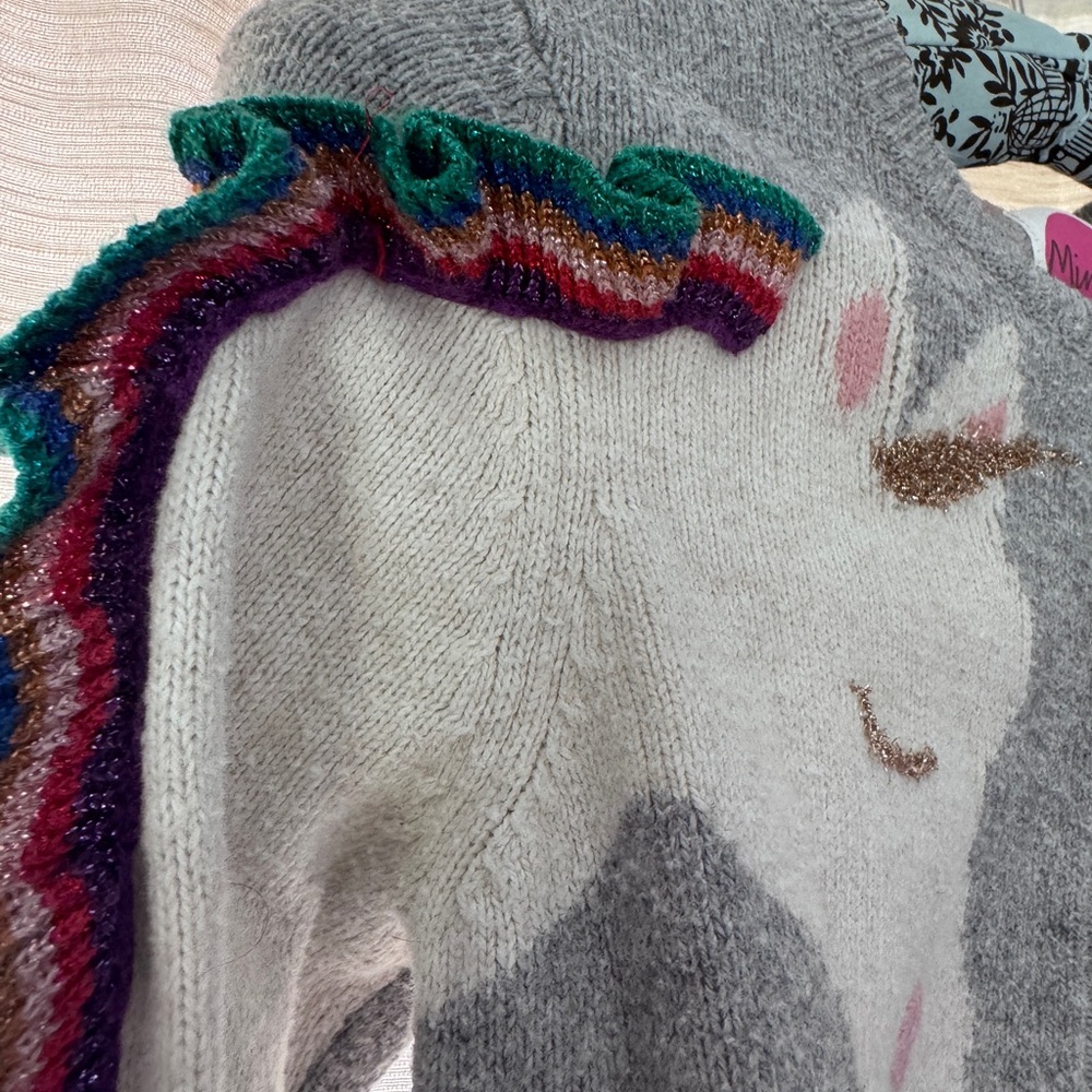 Mini Boden Girls Gray Unicorn Cardigan with rainbow sleeve detail. UNIQUE! 9/10 - Picture 3 of 4